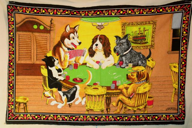 dogs playing poker, vintage print cotton flannel wall hanging for retro rec room or bar