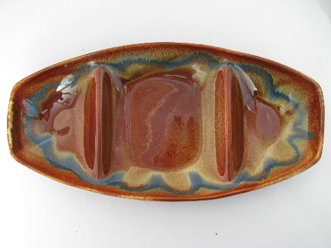 Dryden pottery vintage divided serving bowl, colored drip glaze