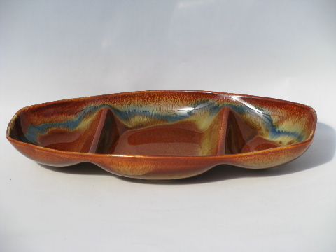 Dryden pottery vintage divided serving bowl, colored drip glaze