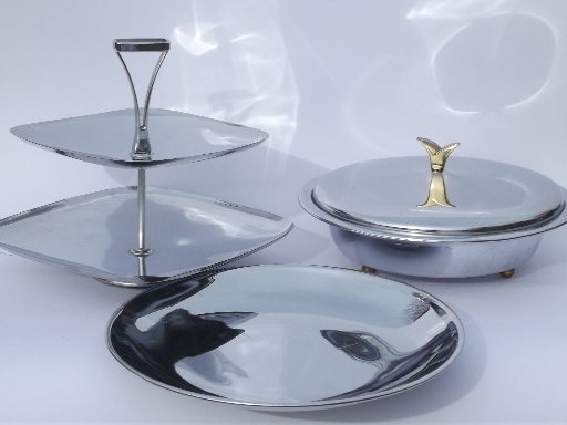 Eames era polished chrome serving ware & trays, art deco modern vintage