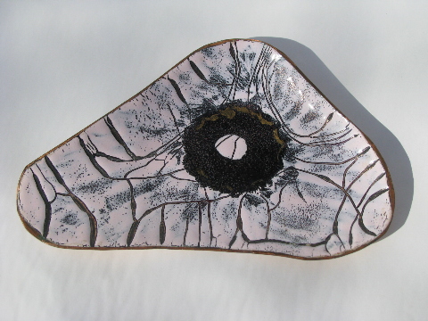 Eames era retro mod hand-enameled copper dish, pink & black enamel