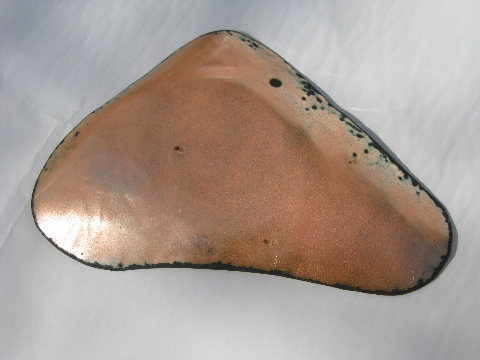 Eames era retro mod hand-enameled copper dish, pink & black enamel