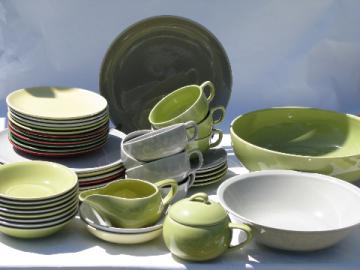 Eames era retro mod pottery dinnerware, grey, chartreuse, maroon solids