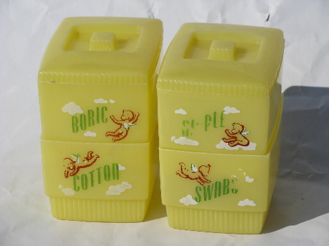 Early plastic vintage Clarolyte containers, baby nursery storage boxes