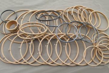 Embroidery hoops lot, vintage & new old stock wood needlework hoops for wall art & fabric frames