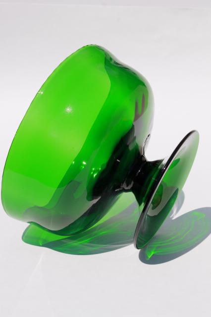 emerald green art glass bowl, vintage hand blown glass compote dish retro forest green color