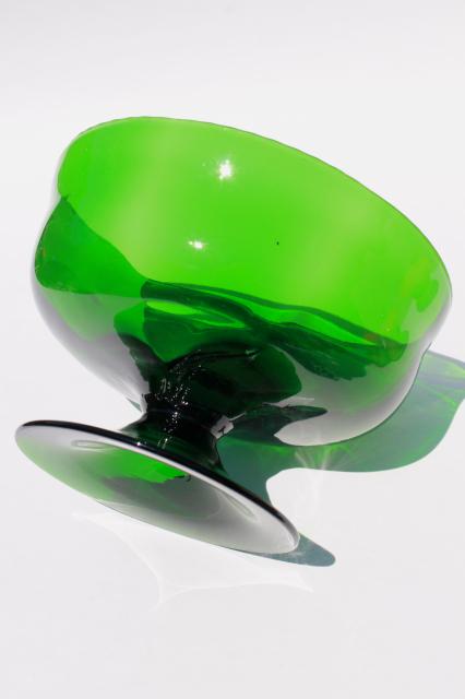 emerald green art glass bowl, vintage hand blown glass compote dish retro forest green color