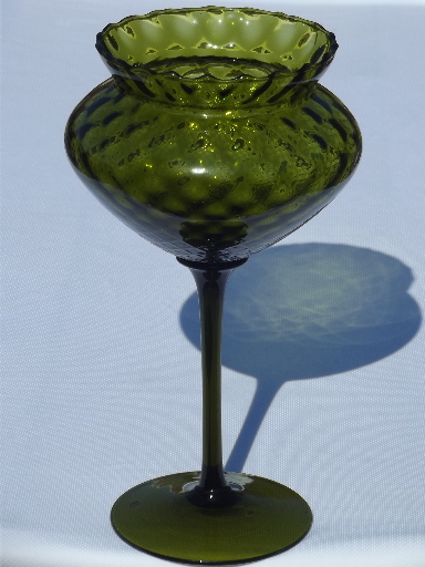 Empoli Italy 60s vintage  blown glass vase, tall stemmed bowl in green