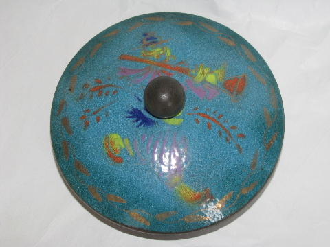 Enamel on copper, large vintage covered bowl w/ oriental design on blue