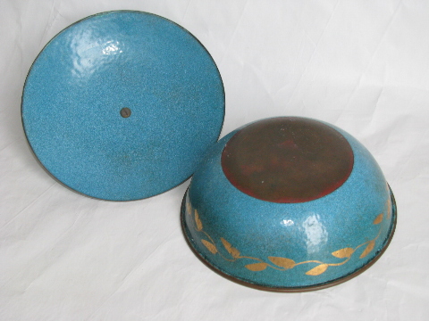 Enamel on copper, large vintage covered bowl w/ oriental design on blue