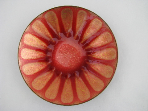 Enamel on copper, retro vintage metal art bowl, red/orange/gold