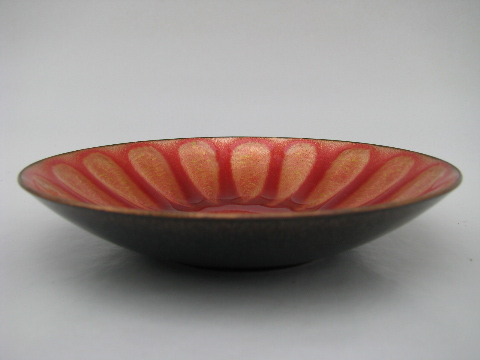 Enamel on copper, retro vintage metal art bowl, red/orange/gold