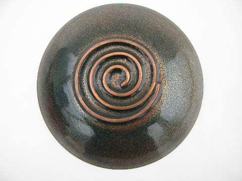 Enamel on copper, retro vintage metal art bowl, red/orange/gold