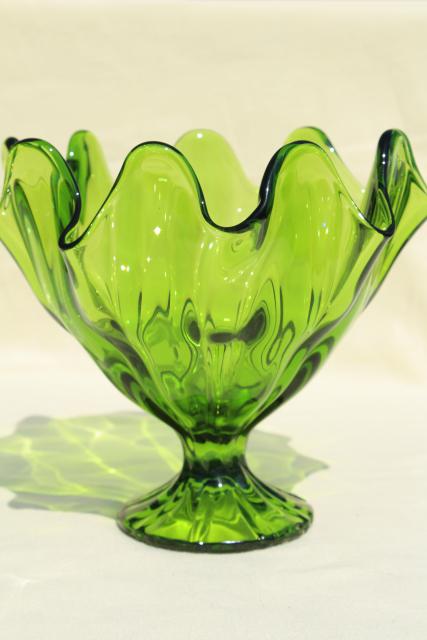fern green glass footed vase or flower bowl, vintage Viking glass Epic line