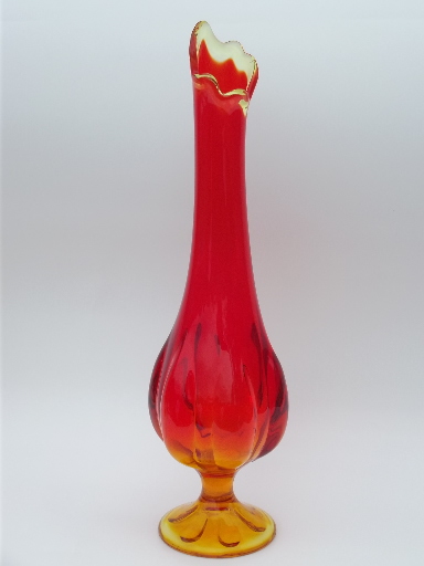Flame orange amberina art  glass vase, tall mod 60s retro swung shape