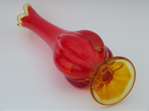 Flame orange amberina art  glass vase, tall mod 60s retro swung shape