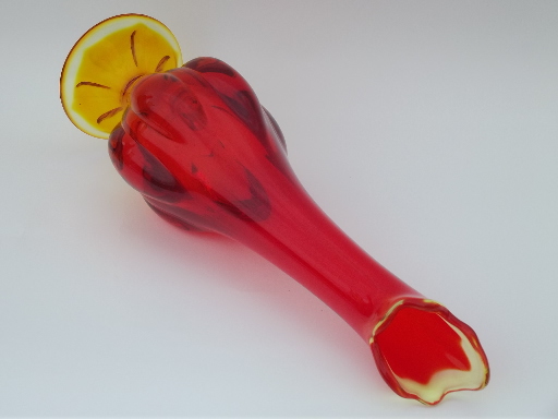 Flame orange amberina art  glass vase, tall mod 60s retro swung shape