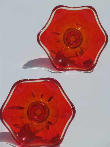 Flame orange art glass candlesticks, 60s mod vintage candle holders set