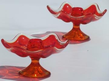 Flame orange art glass candlesticks, 60s mod vintage candle holders set
