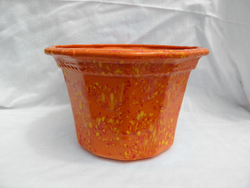 Flame orange spatter glaze planter pot, 70s retro handmade ceramic