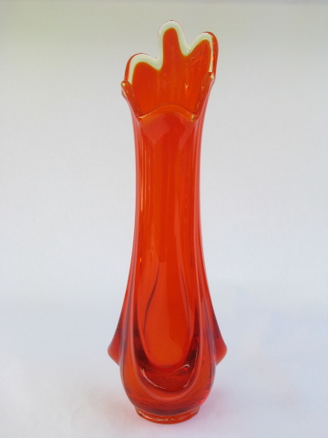 Flame orange vintage art glass vase, retro mod freeform swung shape