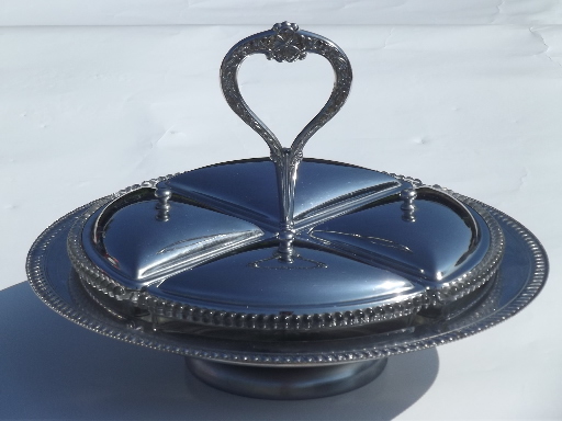 Footed plate w/ covered serving dishes, olives server w/ center handle