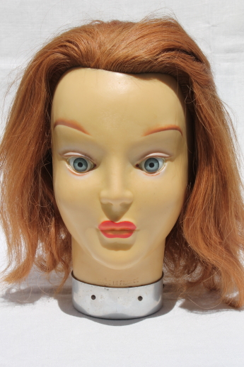 French fashion mannequin head, vintage photo prop model w/ set in doll eyes & human hair