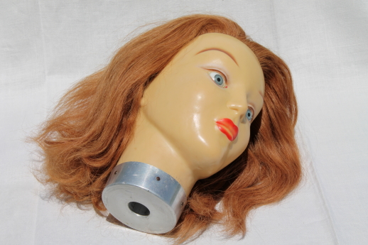 French fashion mannequin head, vintage photo prop model w/ set in doll eyes & human hair