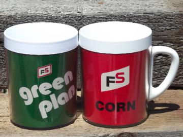 FS Farm Service Farmco advertising mugs, vintage Thermo-Serv plastic
