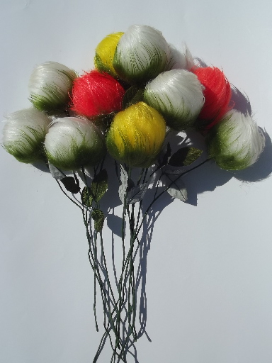 Fun 60s vintage fake fur flowers, retro fuzzy roses w/ troll hair!