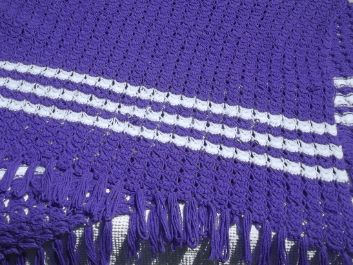 Funky 70s vintage crochet afghan in true purple with white stripes