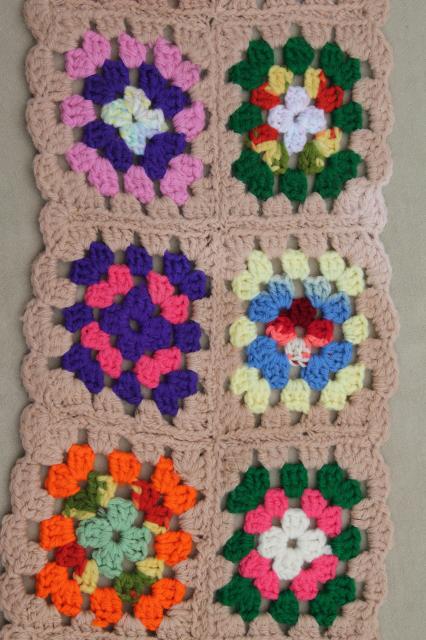 funky happy bright crochet scarf, vintage bohemian muffler in granny square patchwork 