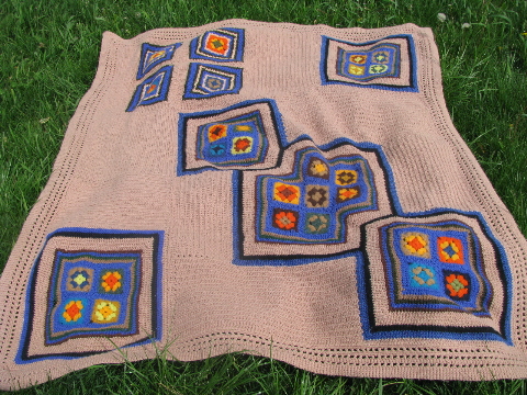 Funky mod 60s vintage crochet afghan w/ felted wool granny squares