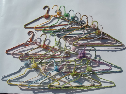 Funky retro bright yarn covered wire clothes hangers, a whole closet full!