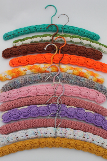 Funky retro clothes hangers, knit & crochet covered hangers for display pieces or clothes rack