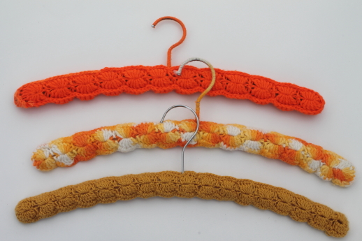 Funky retro clothes hangers, knit & crochet covered hangers for display pieces or clothes rack