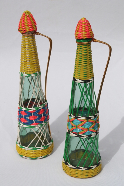 Funky vintage bar decanter bottles, 60s mod plastic covered wine decanters