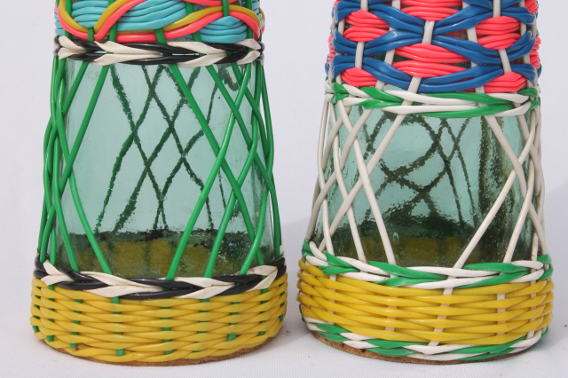 Funky vintage bar decanter bottles, 60s mod plastic covered wine decanters