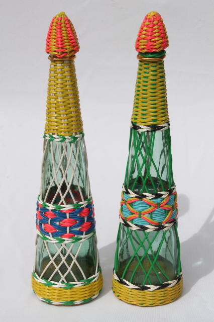Funky vintage bar decanter bottles, 60s mod plastic covered wine decanters