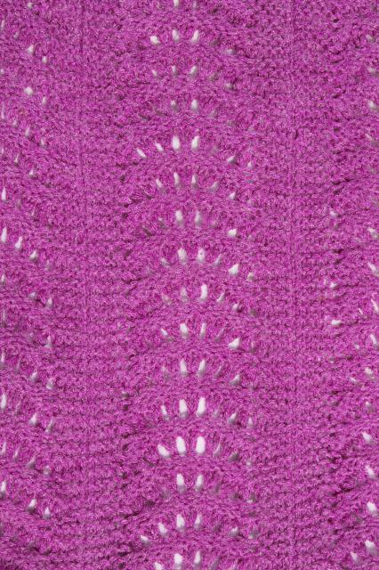 fuzzy magenta purple knit lace afghan throw, retro vintage cuddly wrap blanket