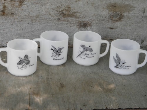 Game birds print, vintage Federal heat-proof glass coffee mugs set