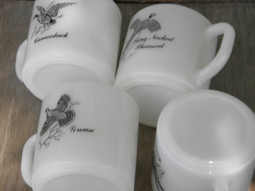 Game birds print, vintage Federal heat-proof glass coffee mugs set