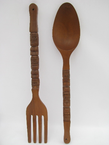 Giant fork & spoon, retro tiki vintage carved wood kitchen wall plaques