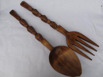 Giant fork & spoon retro tiki vintage carved wood kitchen wall plaques