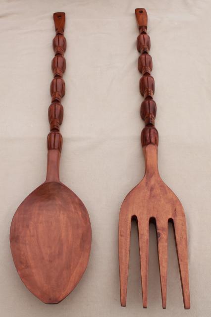 giant tiki wood carved fork & spoon, vintage wall art pieces over a yard long!