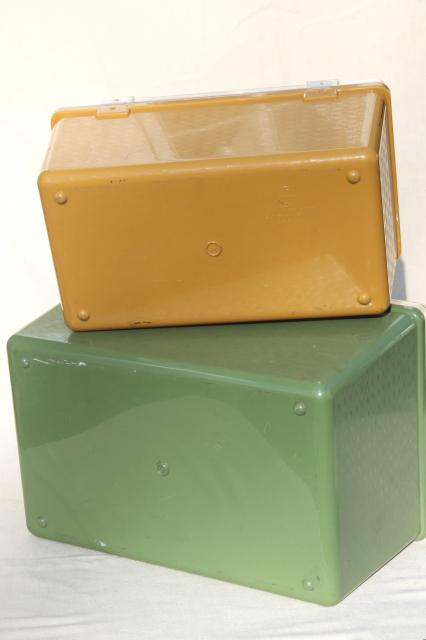 gold and green vintage plastic sewing box organizers, Wilson Wil-Hold sewing boxes