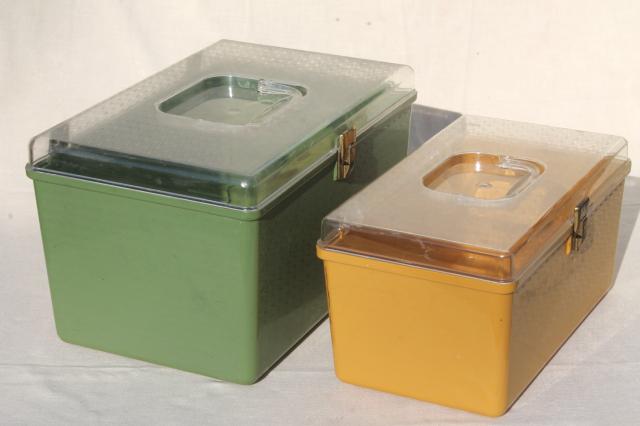 gold and green vintage plastic sewing box organizers, Wilson Wil-Hold sewing boxes