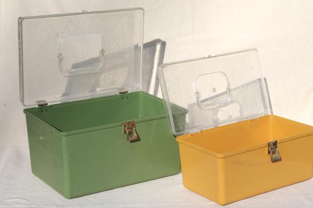gold and green vintage plastic sewing box organizers, Wilson Wil-Hold  sewing boxes