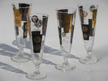 Gold coin pattern barware, retro vintage beer glasses, 4 pilsners