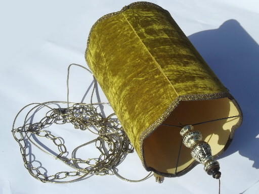 Gold crushed velvet swag lamp hanging shade light, retro 60s vintage
